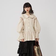 Honey ruffled solid color cotton long-sleeved shirt - MEIMMEIM(メイムメイム)