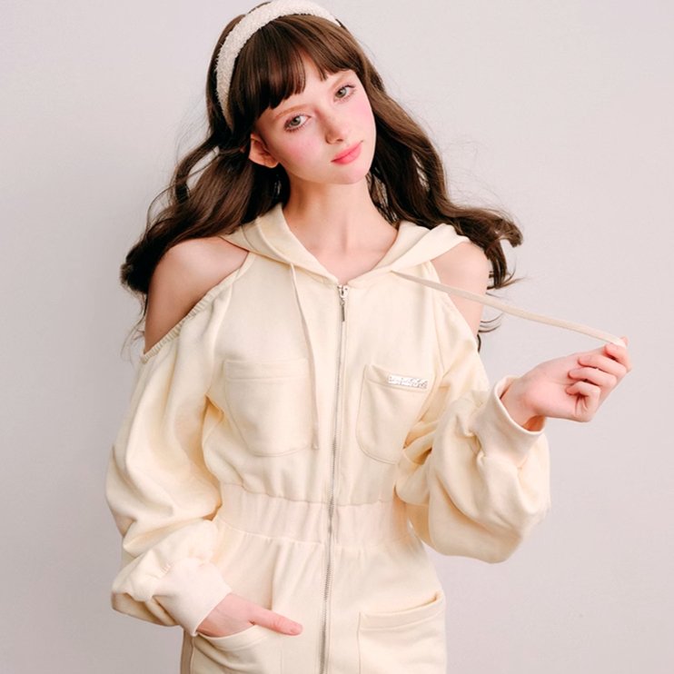 Hooded Long Sleeve Shoulder Sweatshirt Dress - MEIMMEIM(メイムメイム)
