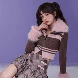 Hot Girl Pink Brown Zipper Sweater Detachable Plush - MEIMMEIM(メイムメイム)