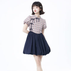 Improved cheongsam dress waist plaid stitching bud dress - MEIMMEIM(メイムメイム)