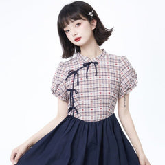 Improved cheongsam dress waist plaid stitching bud dress - MEIMMEIM(メイムメイム)