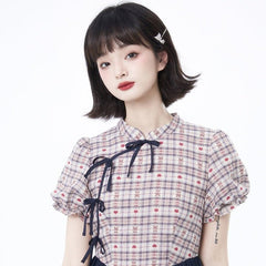 Improved cheongsam dress waist plaid stitching bud dress - MEIMMEIM(メイムメイム)