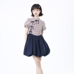 Improved cheongsam dress waist plaid stitching bud dress - MEIMMEIM(メイムメイム)