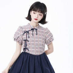 Improved cheongsam dress waist plaid stitching bud dress - MEIMMEIM(メイムメイム)