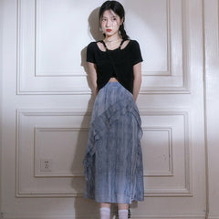 Ink blue ripple double lotus leaf skirt - MEIMMEIM(メイムメイム)