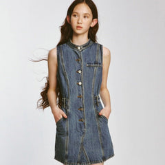 Jeans lover pressing stand-up collar waist denim dress - MEIMMEIM(メイムメイム)