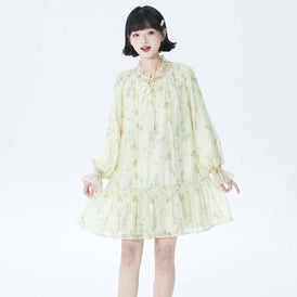 Lace collar rice apricot print long sleeve dress - MEIMMEIM(メイムメイム)