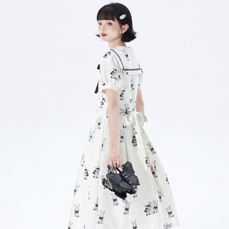 Lace navy collar dress high waist pleated skirt - MEIMMEIM(メイムメイム)