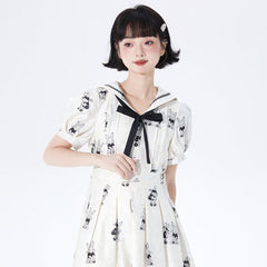 Lace navy collar dress high waist pleated skirt - MEIMMEIM(メイムメイム)
