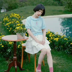 Lace short-sleeved T-shirt embossed applique ruffle waist top - MEIMMEIM(メイムメイム)