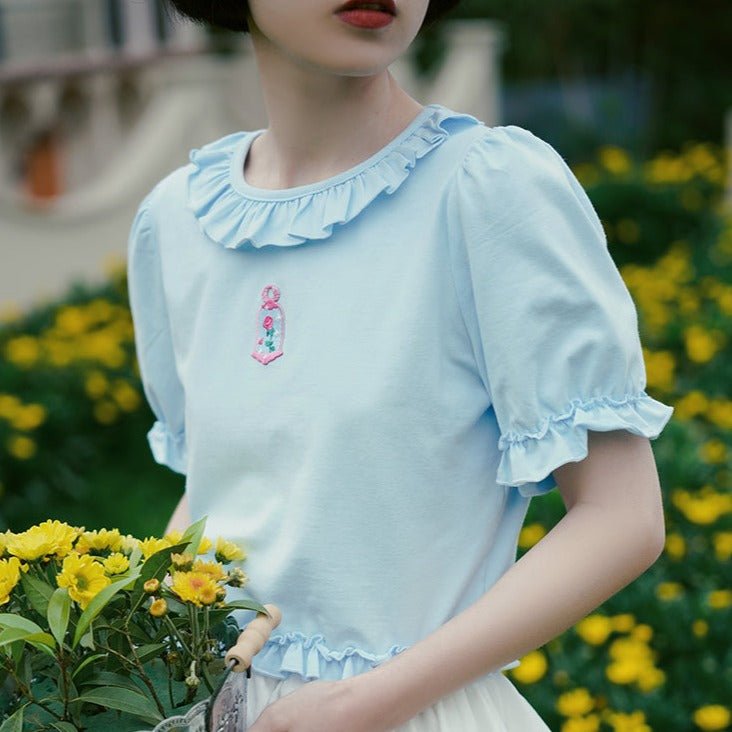Lace short-sleeved T-shirt embossed applique ruffle waist top - MEIMMEIM(メイムメイム)