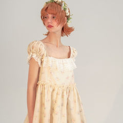 Lace Square Neck Puff Sleeve Floral Dress - MEIMMEIM(メイムメイム)