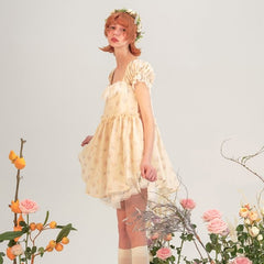 Lace Square Neck Puff Sleeve Floral Dress - MEIMMEIM(メイムメイム)