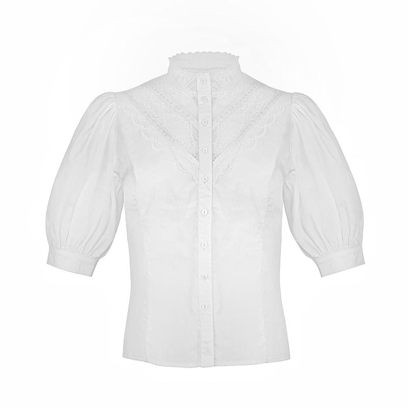 Lace stitching half-high collar bubble sleeve blouse - ANM CHANNEL