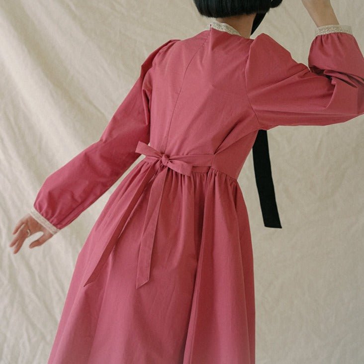Lace stitching round neck lantern sleeve A-line dress - MEIMMEIM(メイムメイム)
