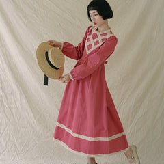 Lace stitching round neck lantern sleeve A-line dress - MEIMMEIM(メイムメイム)