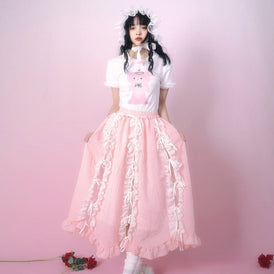 Lace strap bow petal elastic princess long skirt - MEIMMEIM(メイムメイム)