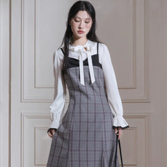 Layering suspender skirts plaid dress pullover two-piece set - MEIMMEIM(メイムメイム)