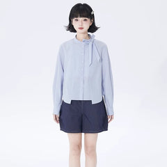 Light blue long sleeve lace-up round neck shirt - MEIMMEIM(メイムメイム)