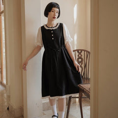 literary retro girl lace round neck black dress - MEIMMEIM(メイムメイム)