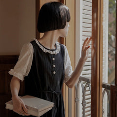 literary retro girl lace round neck black dress - MEIMMEIM(メイムメイム)