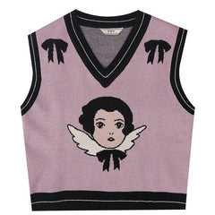 Little angel print knitted retro vest - ANM CHANNEL