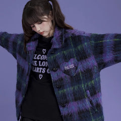Loose blue and purple plaid long hair coat - MEIMMEIM(メイムメイム)