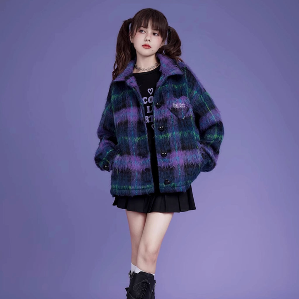 Loose blue and purple plaid long hair coat - MEIMMEIM(メイムメイム)