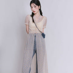 Milk yellow transparent long floral small shirt dress - MEIMMEIM(メイムメイム)