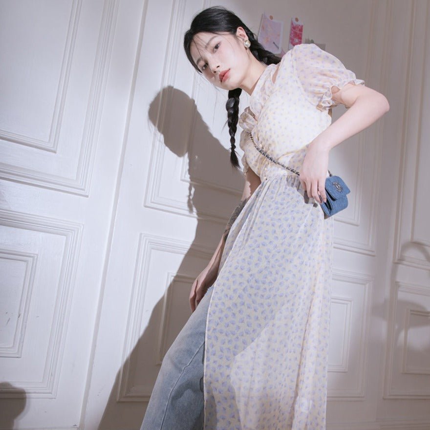 Milk yellow transparent long floral small shirt dress - MEIMMEIM(メイムメイム)