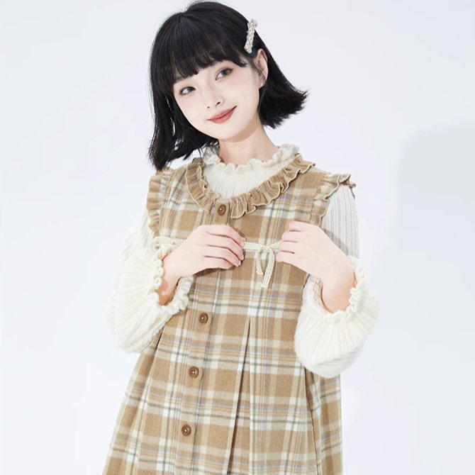 Milky plaid wool vest mid-length sleeveless dress - MEIMMEIM(メイムメイム)