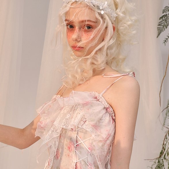 Monet Print Dress Organza Lace Irregular Slip Dress - MEIMMEIM(メイムメイム)