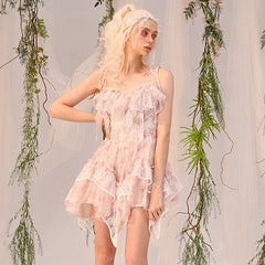 Monet Print Dress Organza Lace Irregular Slip Dress - MEIMMEIM(メイムメイム)