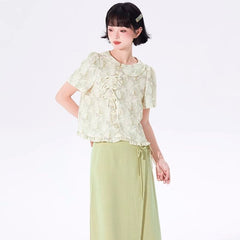 New Chinese style buckle printed short-sleeved shirt top - MEIMMEIM(メイムメイム)