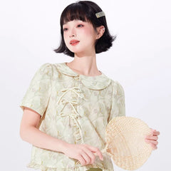 New Chinese style buckle printed short-sleeved shirt top - MEIMMEIM(メイムメイム)