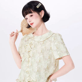 New Chinese style buckle printed short-sleeved shirt top - MEIMMEIM(メイムメイム)