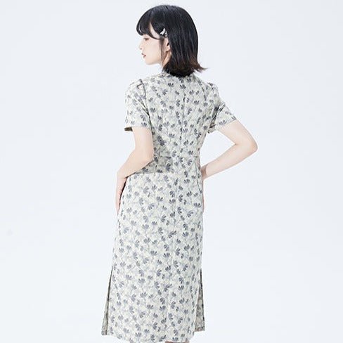 New Chinese style slim waist button floral dress - MEIMMEIM(メイムメイム)