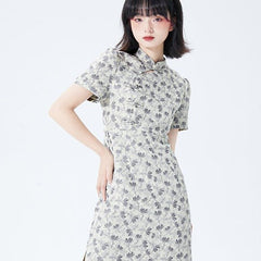 New Chinese style slim waist button floral dress - MEIMMEIM(メイムメイム)