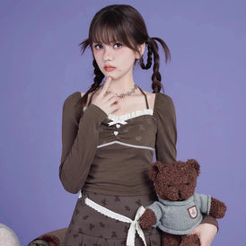 Original Bear Printed Brown Halter T-shirt - MEIMMEIM(メイムメイム)