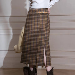 Pandan and purple smoke plaid slit skirt - MEIMMEIM(メイムメイム)