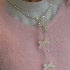 Pearl Ribbon Short Knit Sweater Cardigan - MEIMMEIM(メイムメイム)