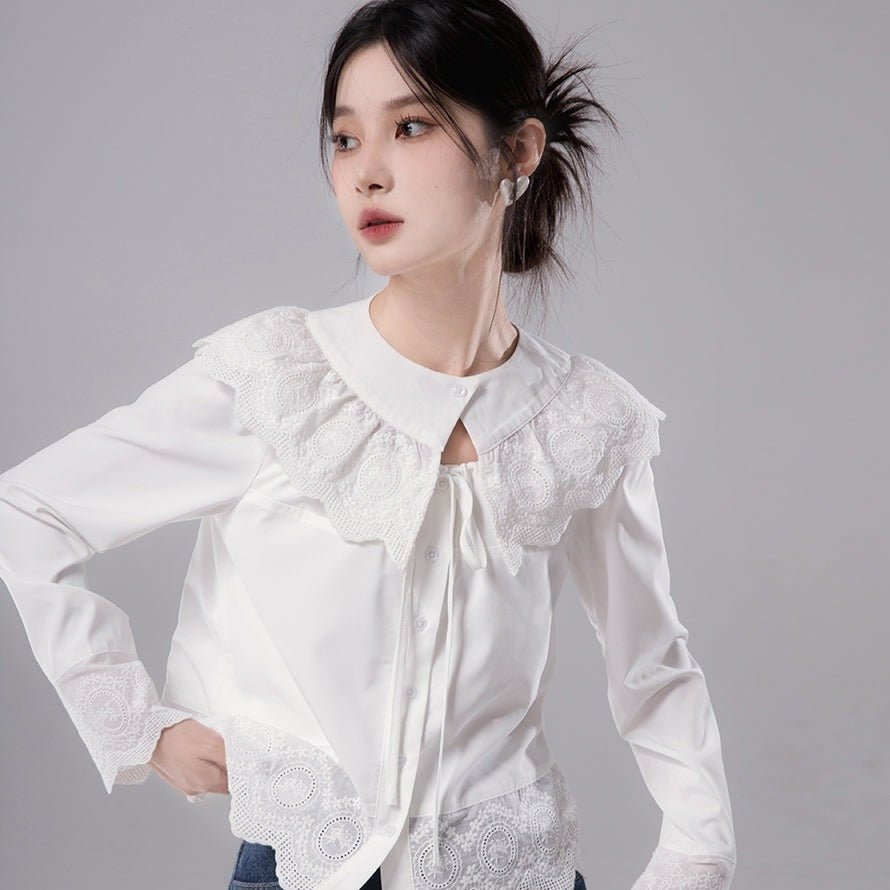 Pearl White Decorative Collar Shirt Long Sleeves - MEIMMEIM(メイムメイム)