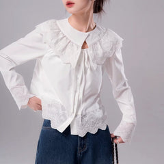 Pearl White Decorative Collar Shirt Long Sleeves - MEIMMEIM(メイムメイム)