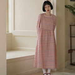 Pink Bubble Check Square Collar Dress - MEIMMEIM(メイムメイム)