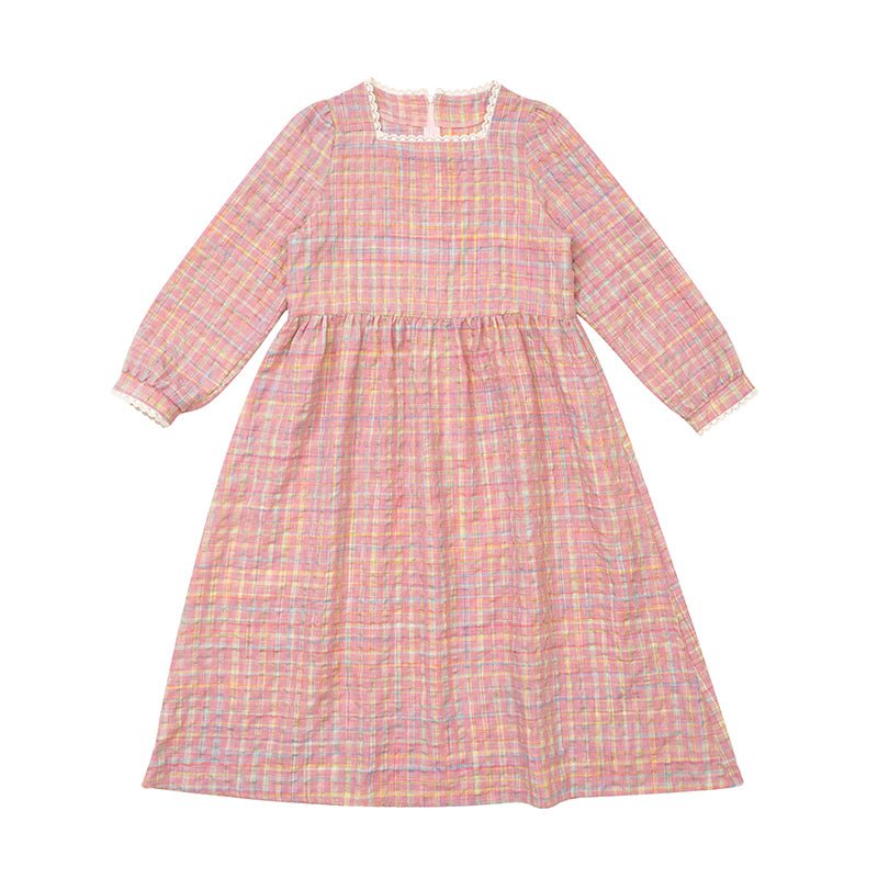 Pink Bubble Check Square Collar Dress - MEIMMEIM(メイムメイム)
