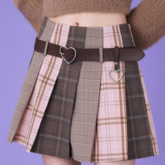 Pink coffee splicing plaid A-line pleated skirt - MEIMMEIM(メイムメイム)