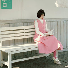 Pink quilted dress sweet little v-neck vest skirt - MEIMMEIM(メイムメイム)
