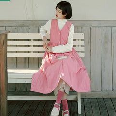 Pink quilted dress sweet little v-neck vest skirt - MEIMMEIM(メイムメイム)