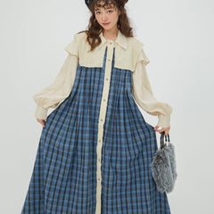 Plaid lace jacquard retro mid-length design long-sleeved dress - MEIMMEIM(メイムメイム)