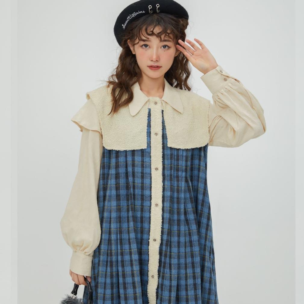 Plaid lace jacquard retro mid-length design long-sleeved dress - MEIMMEIM(メイムメイム)